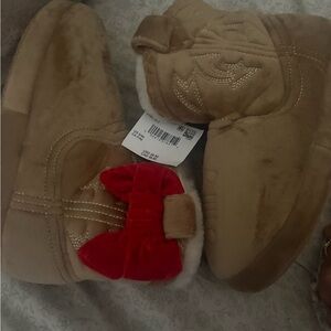 aerie Tan Plush Slippers with Red Bow Accent